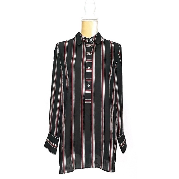Max Studio Blouse Size Medium Black Red Beige White Striped maxstudio New NWT - Picture 1 of 8
